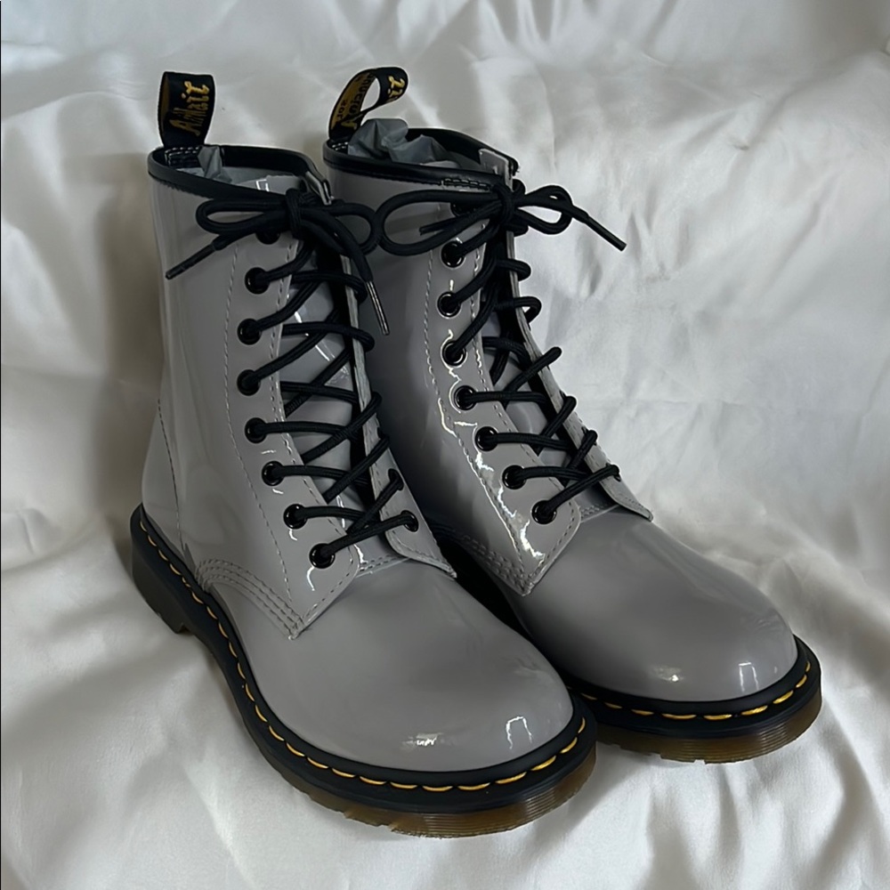 Dr. Martens Glossy Gray Combat Boots